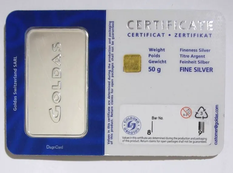 Goldas 50g silver bullion in assay card