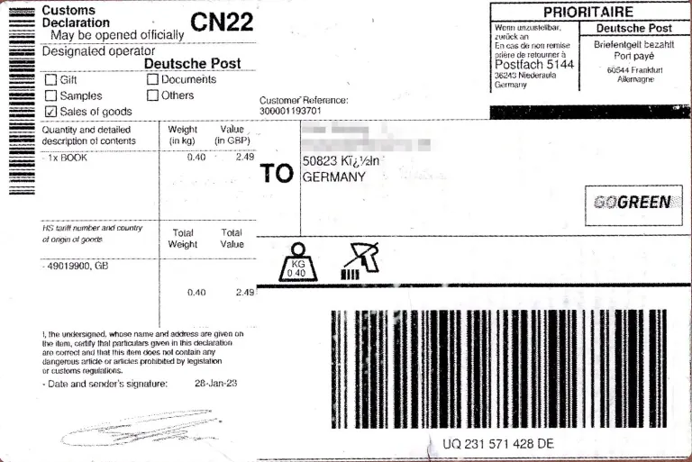 Paketaufkleber Deutsche Post mit Customs Declaration 2023