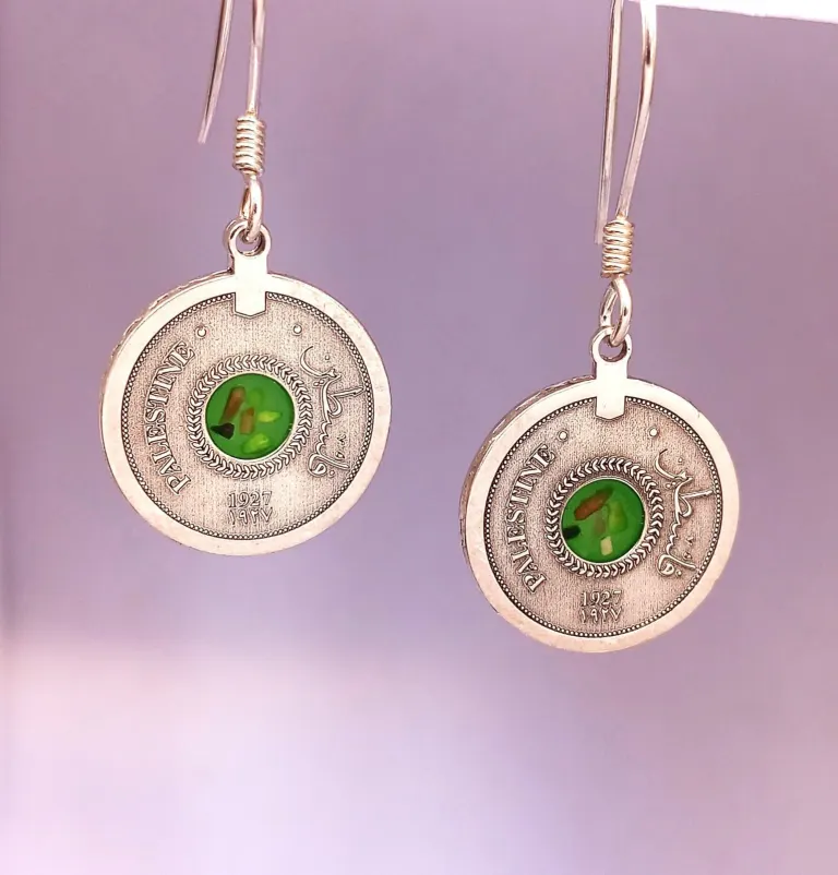 Palestinian handmade silver earrings featuring old coins