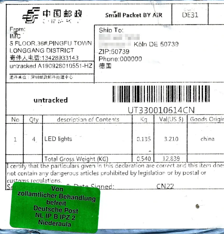 Small packet by air China Germany with Customs Declaration CN 22, 2019