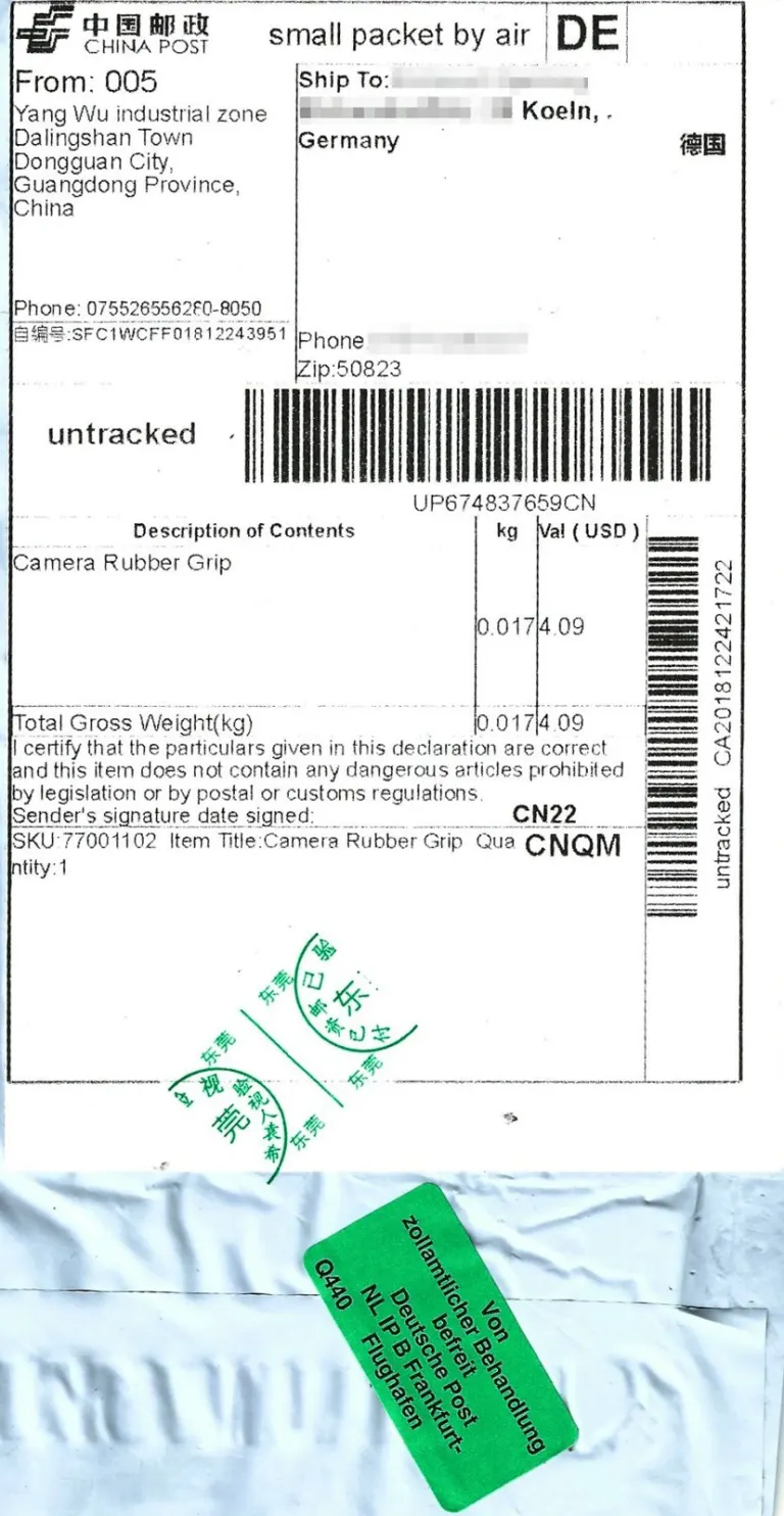 Small packet China Post by air China Germany with Customs Declaration CN 22, 2019